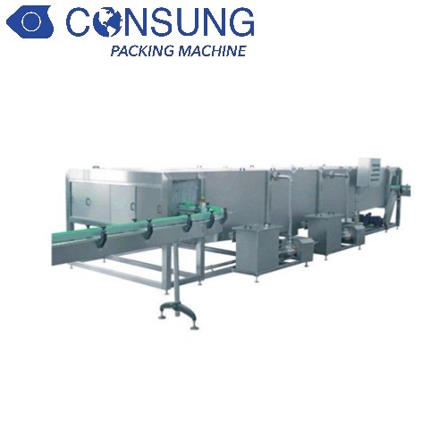 Cooling continuous tunnel for hot juice pet bottles